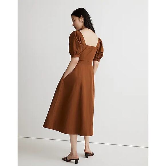 Madewell Womens Midi Dress 00 Brown Seamed Puff-Sleeve Button Front NK416 NWT - Picture 2 of 14